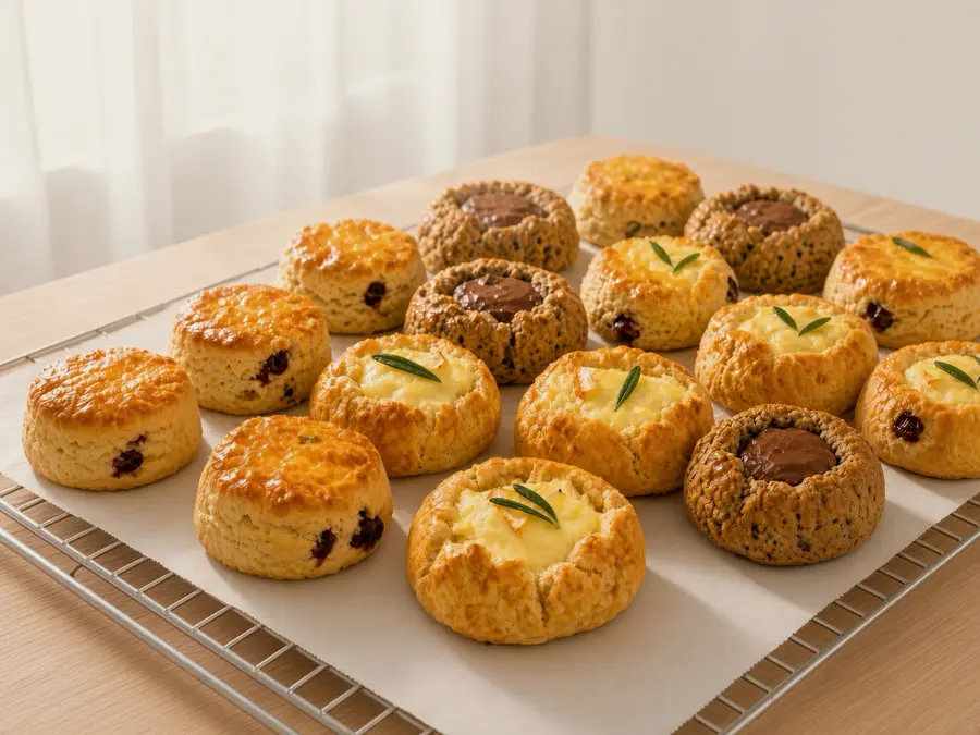 A tray of scones cooling on a wire rack by a window — plain golden ones, some studded with cranberries, and darker tea-flecked ones filled with cream cheese.